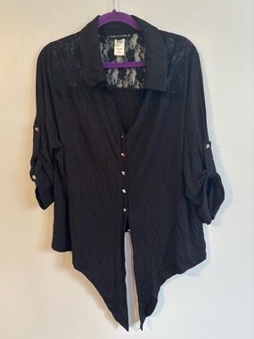 Candy Couture black button down lace tie-front 3/4 long sleeve blouse Size XL